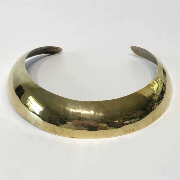 Vintage Mexico Signed Solid Brass Domed Torque Choker Necklace Tribal Modernist - Picture 7 of 11